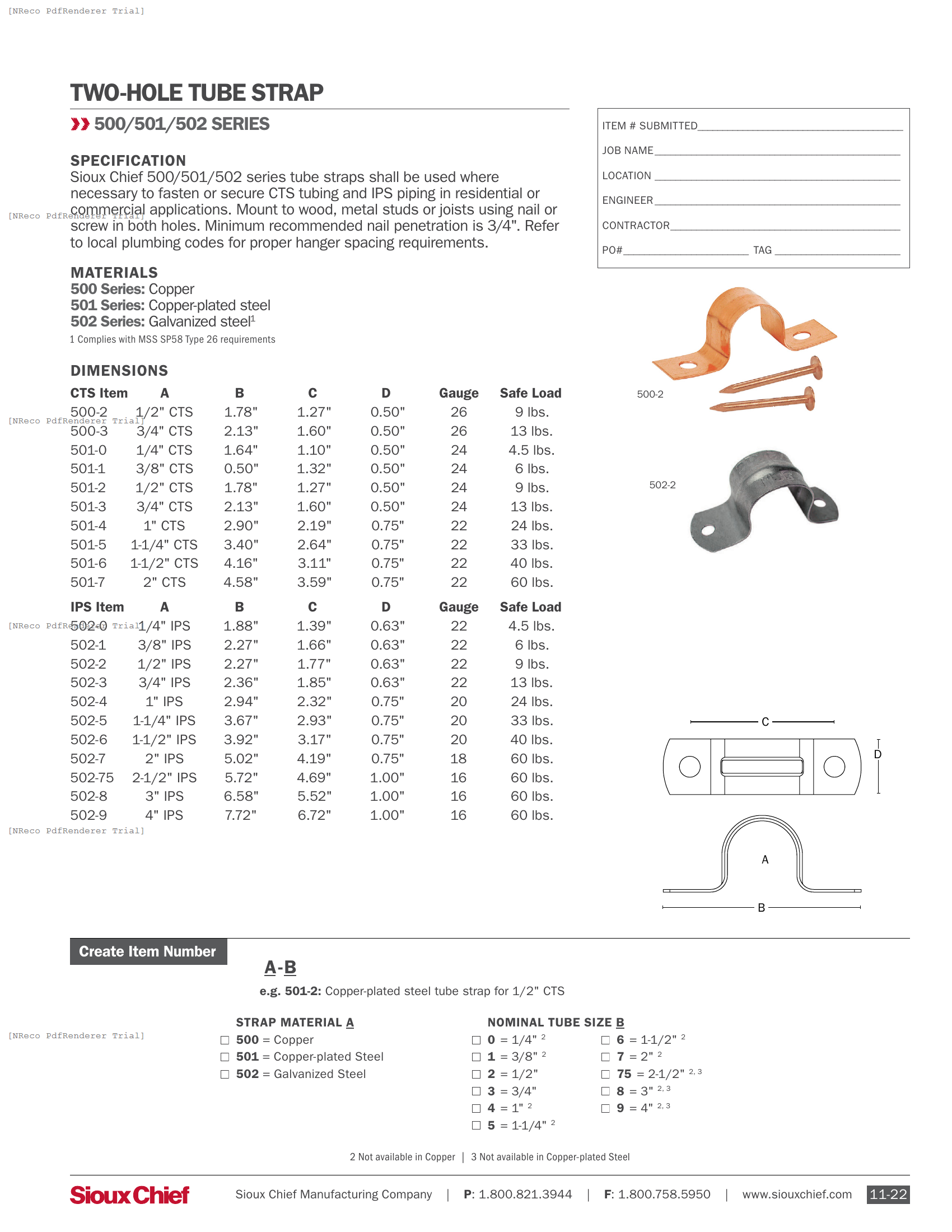 500 SERIES - TWO-HOLE TUBE STRAP - SPEC SHEET.PDF Specification Document